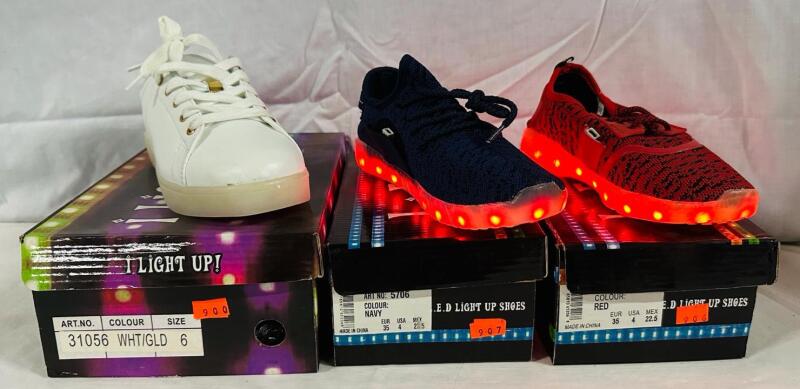 3 New Pairs of Children&rsquo;s Shoes; At Least 2 Have Rechargeable LED Lights (See Description); See Photos for Colours/Sizes