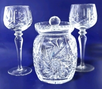 Gorgeous Crystal Pinwheel Lidded Biscuit Barrel with 2 Crystal Glasses