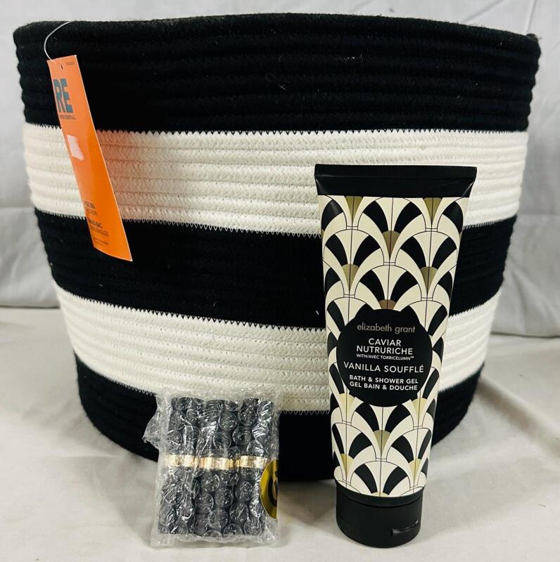 5 New Home Products/Cosmetics; Includes 3 Elizabeth Grant Lipsticks (Blackberry, Classic Red, Plum Berry), Vanilla Souffl&eacute; Body Wash, and a Large Coiled Rope Bin (15&rdquo; x 11&rdquo;)