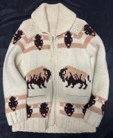 Hand-Knit Cowichan-Style Cardigan Sweater with Buffalo Patterns - See Description for Measurements