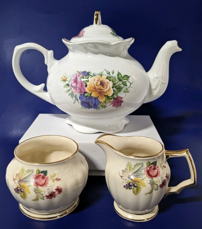 Vintage Artur Wood & Son Staffordshire Teapot with Saddler Creamer and Sugar Dish