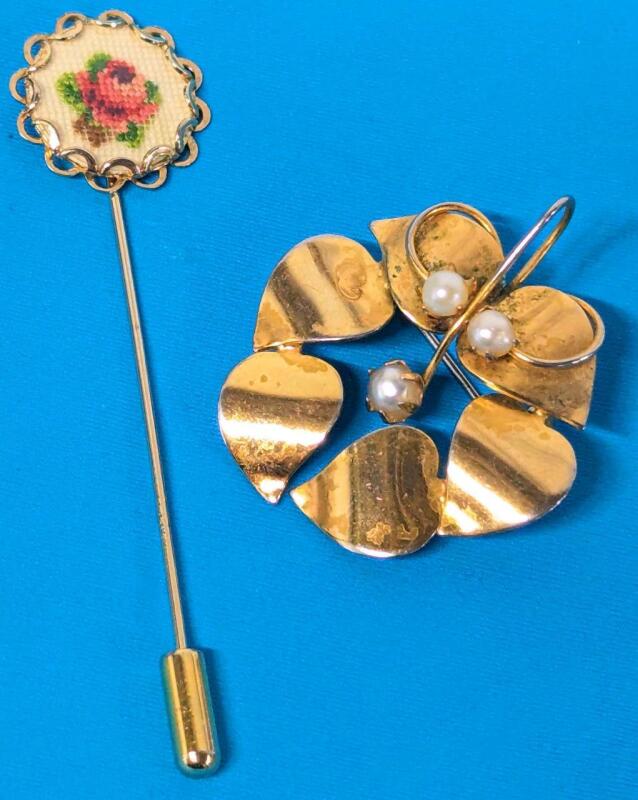 Signed Vintage TRIAD Brooch with Faux Pearls & Pendant Loop 1.25" & Petit Point Needlepoint Stick Pin 2.8" Long