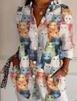 New Size Medium Women's Cute Kittens Button-Up Blouse Long Sleeve Shirt with Multi-Color Cats (Blue, Orange, White, Grey, Pink, Brown) Colorful Design Machine Wash 100% Polyester Stock photos added
