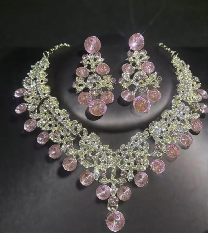 Rhinestone Necklace and Earrings Set Statement Wide Collar and Shoulder Duster Earrings Necklace 16 + 2&rsquo;&rsquo; Earrings 2.2&rsquo;&rsquo; drop