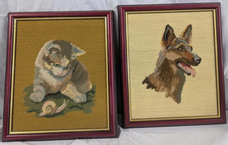 2 Vintage Framed Needlepoint. 12" by 14"