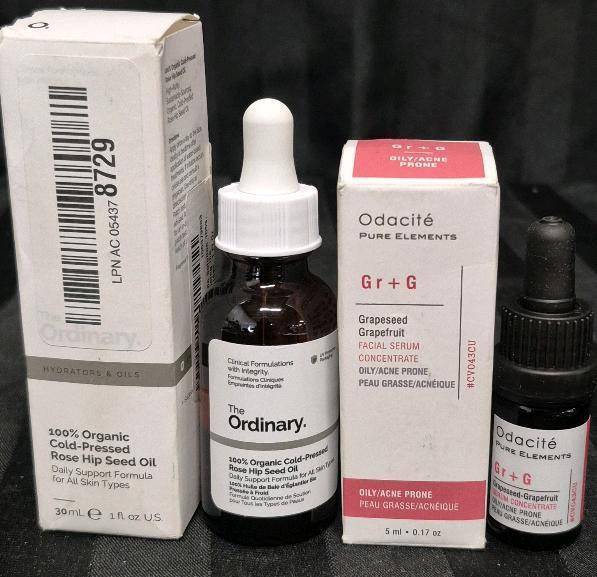 [See Desc] 2 Facial Beauty Products: The Ordinary 100% Organic Cold-Pressed Rose Hip Seed Oil 30mL & Odacite Grapeseed Facial Serum Oily/Acne Prone Skin 5mL