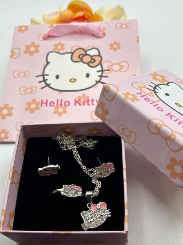 3pcs Sanrio Hello Kitty Jewelry Set Necklace, Earrings and Adjustable Ring All with a Hello Kitty Box and Gift Bag see description for sizes