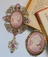 2pcs Vintage Inspired Court Style Beauty Head Cameo Brooch First Oval Brooch 2.75 x 1.50&rsquo;&rsquo; with drop Second 1.2 x 1.5&rsquo;&rsquo; approximate