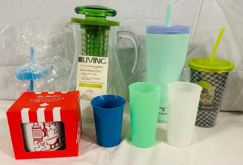 8 Drink Vessels, Includes New Infusion Pitcher, Tim Hortons Mug, Cups with Straws, and Plastic Cups