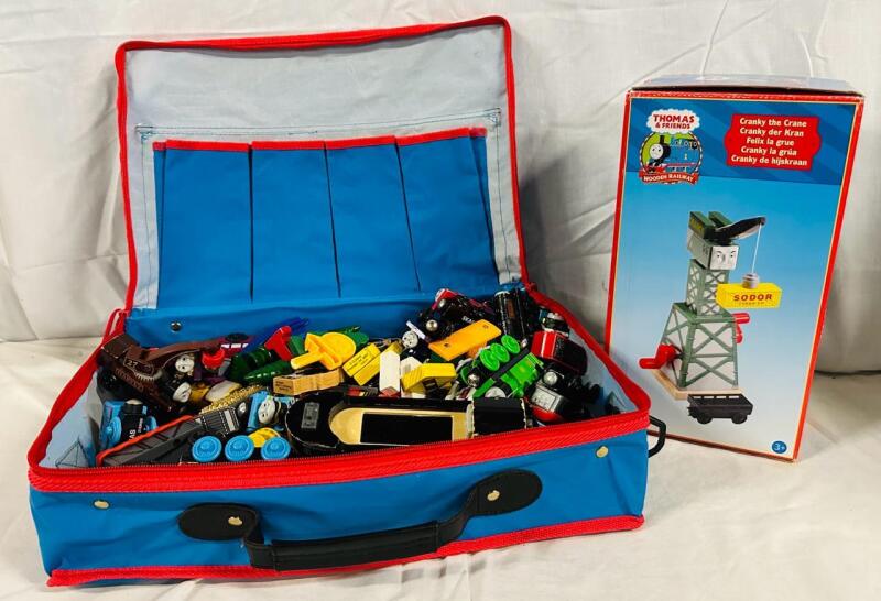 50+ Assorted Thomas the Tank Engine Toys, Includes Cranky the Crane and Various Smaller Toys in Carrying Bag