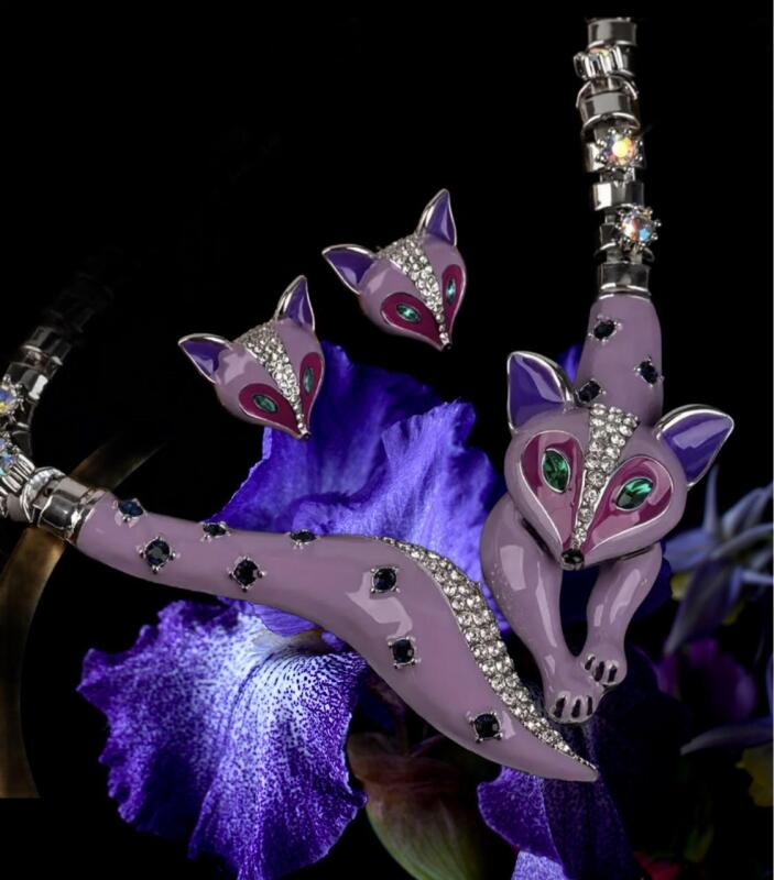 Stunning Fox Purple Mosaic Rhinestones Enamel Stunning Necklace and Pierced post back Earrings Set see description