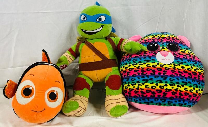 3 Large Stuffed Animals, Includes Nemo (Disney), Ninja Turtle (Leonardo), and TY Dotty Leopard - See Description for Measurements