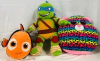 3 Large Stuffed Animals, Includes Nemo (Disney), Ninja Turtle (Leonardo), and TY Dotty Leopard - See Description for Measurements