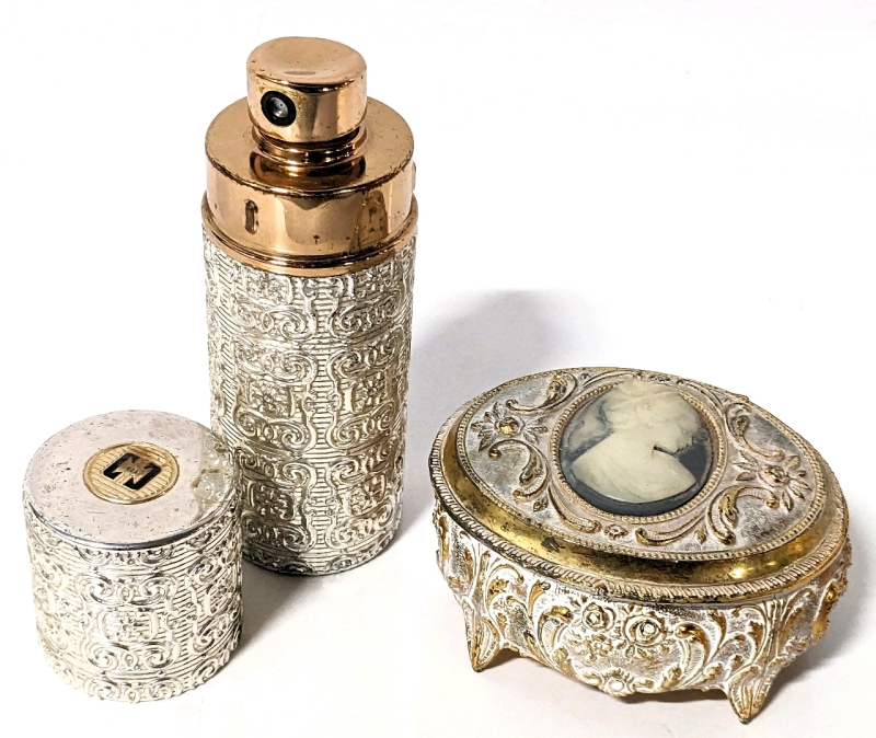 Vintage Silver & Gold Tone Caron Perfume Canister & Hinged Trinket Box with Cameo