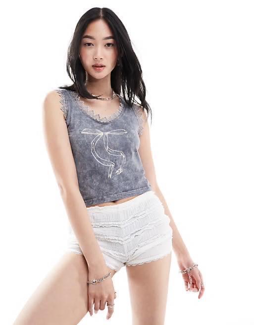 New Daisy Street Lace Trim Crop Best with Bow Graphic - UK 12, Washed Grey