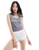 New Daisy Street Lace Trim Crop Best with Bow Graphic - UK 12, Washed Grey