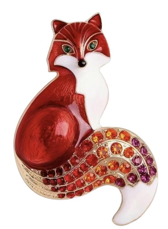 Lovely Rhinestone Accents Enamel Fox Brooch Approximately 1.75&rsquo;&rsquo;