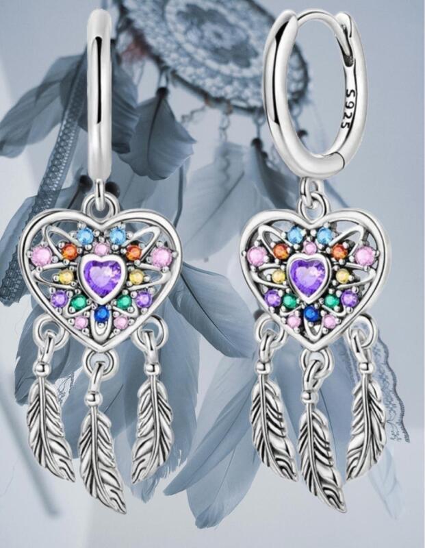 Stamped S925 Sterling Dreamcatcher Heart Hoop Earrings Sparkly Rhinestones Slide in Clasp Round Hoops with Drop - approximately 1.4&rsquo;&rsquo;