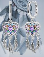 Stamped S925 Sterling Dreamcatcher Heart Hoop Earrings Sparkly Rhinestones Slide in Clasp Round Hoops with Drop - approximately 1.4&rsquo;&rsquo;