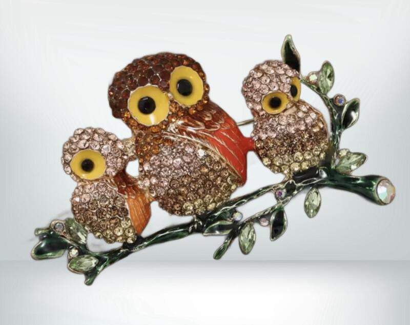 Beautiful Colorful Rhinestone Enamel Owl Brooch Adult with two Owlets approximately 1.5 x 2.5&rsquo;&rsquo;