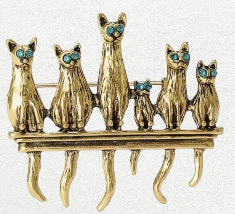 Whimsical Six Little Cat Brooch Turquoise Rhinestone Gemstone Accents Retro Style 6 Cats on Fence approximately 1.5 x 1.75&rsquo;&rsquo; stock photo with model Back bale