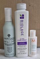[See Desc] 3 Hair Conditioning Products: Hairitage Leave in Conditioner 177mL, Biolage Conditioner 400mL & Moroccanoil Conditioner 70mL