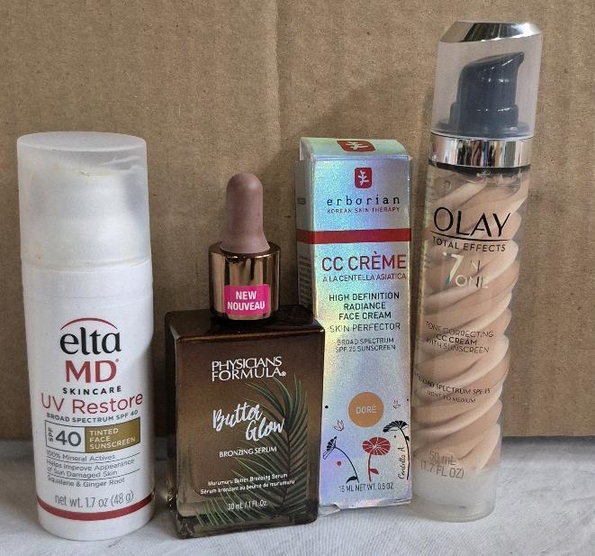 [See Desc] 4 Beauty Products: Physicians Formula Bronzing Serum 30mL, Olay 7 in 1 Tone Correction Cream with SPF 15 50mL, Elta MD Tinted SPF 40 Sunscreen 48g & Erborian Face Cream with SPF 25 15mL