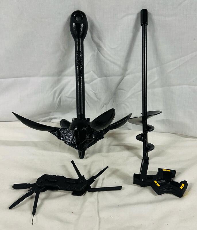 4 Assorted Tools/Accessories, Includes 1.5kg Folding Grapnel Anchor, Soil Auger, Multi-Tool, and Trophy Ridge Whisker Biscuit Arrow Rest