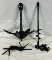 4 Assorted Tools/Accessories, Includes 1.5kg Folding Grapnel Anchor, Soil Auger, Multi-Tool, and Trophy Ridge Whisker Biscuit Arrow Rest