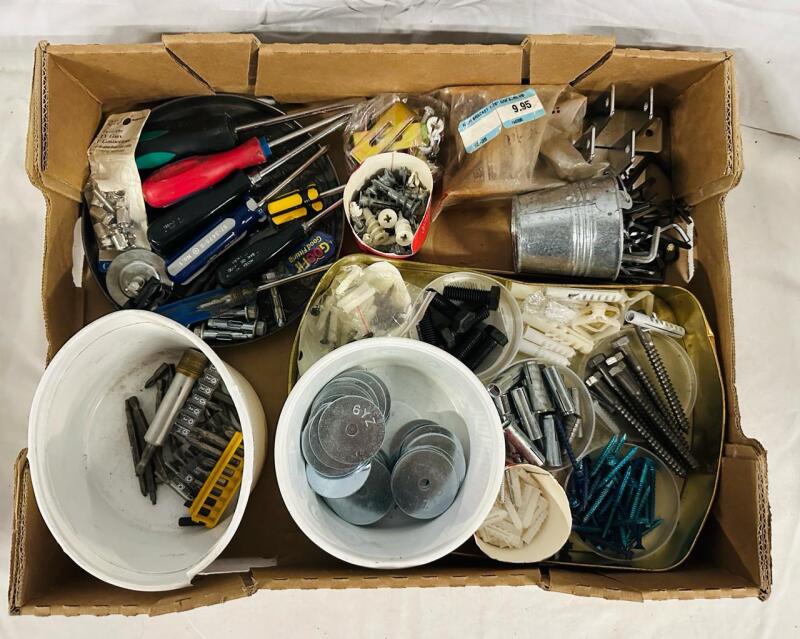 HUGE Assorted Tool Lot, Includes Various Screwdrivers, Screws, Drill Bits, Allen Keys, Brackets, and More