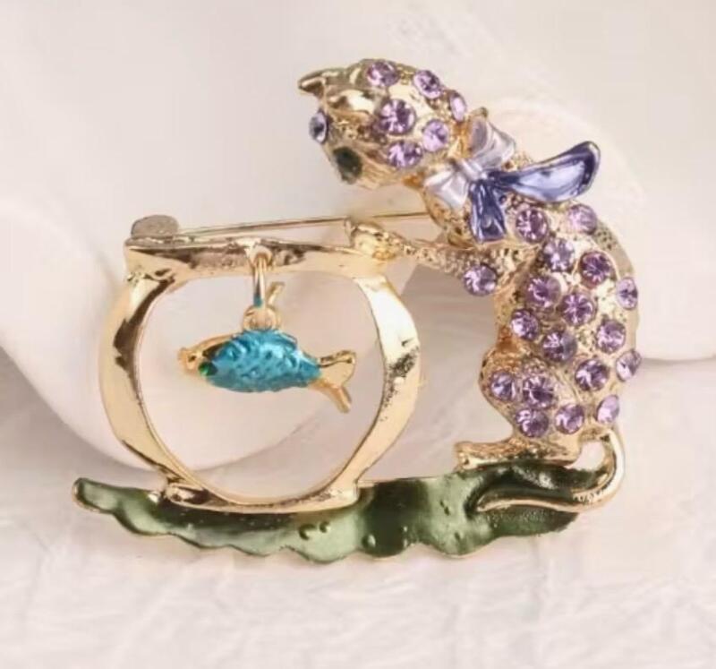 Vintage Inspired Cat Fishing Brooch with Rhinestones & Enamel Sparkling Blue Eyes & Turquoise Enamel Fish Approximately 1.75&rsquo;&rsquo;