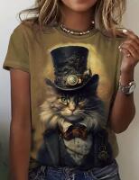 New Size Large Women's Vintage Steampunk Cat Graphic T-Shirt -Short Sleeve Round Neck Casual Top with Gears & Cogs Design Breathable Machine-Washable Nontransparent Material 97% Polyester 3% Spandex Stock photos added