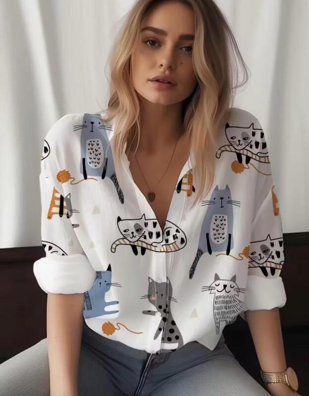New Women&rsquo;s Size L Chic Cat Print Long Sleeve Blouse Soft Polyester Fabric, Lapel Collar, Relaxed Fit Stock photos added