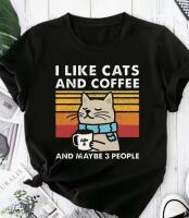 New Size Medium Women's Retro Cat & Coffee Graphic T-Shirt - "I Like Cats and Coffee" Slogan, Black Casual Short Sleeve Tee with Geometric Stripes, Machine Washable 100% Polyester Stock photos added longer than stock photo shows when not tied