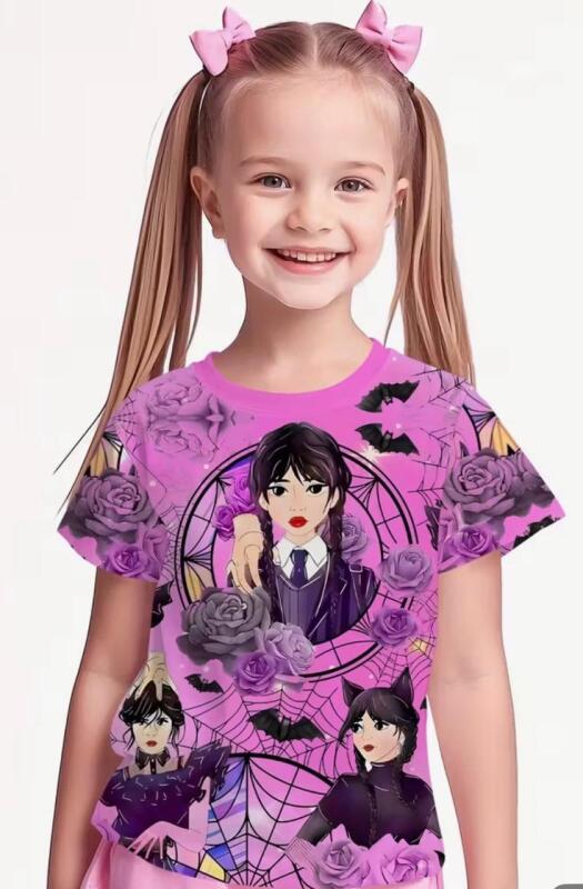 New Girls 9-10Y Wednesday Vibrant Print S/S T Shirt Purple Rose Vampire Characters Soft Round Neck Shirt Machine Washable, Durable Print Stock Photos added 100% Polyester