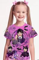 New Girls 9-10Y Wednesday Vibrant Print S/S T Shirt Purple Rose Vampire Characters Soft Round Neck Shirt Machine Washable, Durable Print Stock Photos added 100% Polyester