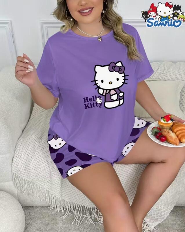 New Women&rsquo;s Size XL Hello Kitty Printed Purple Pajama Set Casual Crew Neck Top and Comfortable Shorts 95% Polyester 5% Elastane Machine Wash Stock photos added