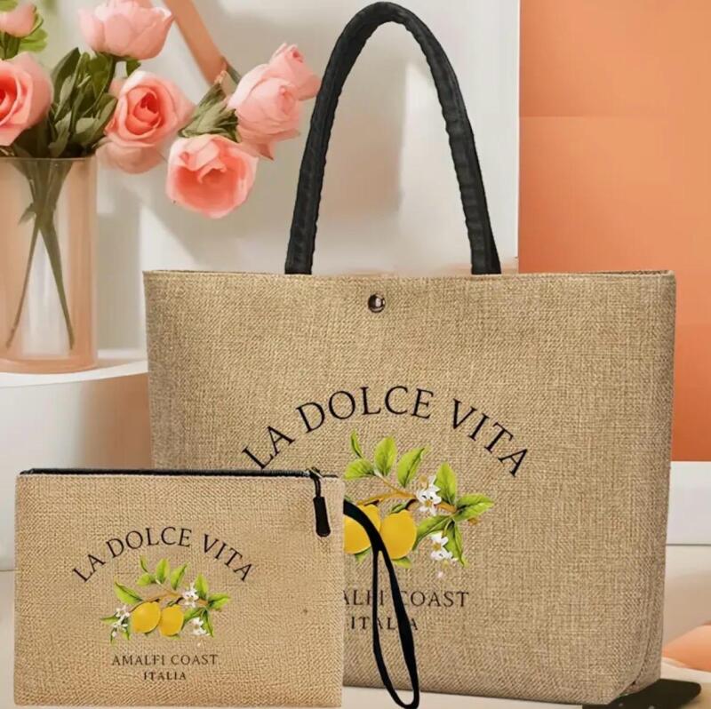 Stylish "La Dolce Vita" Canvas Tote and Makeup Bag Set with Lemon and Floral Design, Black Handles, Magnetic Closure, Polyester Lining Small bag 6.3 x8&rsquo;&rsquo; Large 11.8 x 10.25&rsquo;&rsquo; approx. stock photos added