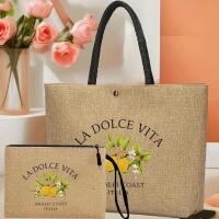 Stylish "La Dolce Vita" Canvas Tote and Makeup Bag Set with Lemon and Floral Design, Black Handles, Magnetic Closure, Polyester Lining Small bag 6.3 x8&rsquo;&rsquo; Large 11.8 x 10.25&rsquo;&rsquo; approx. stock photos added