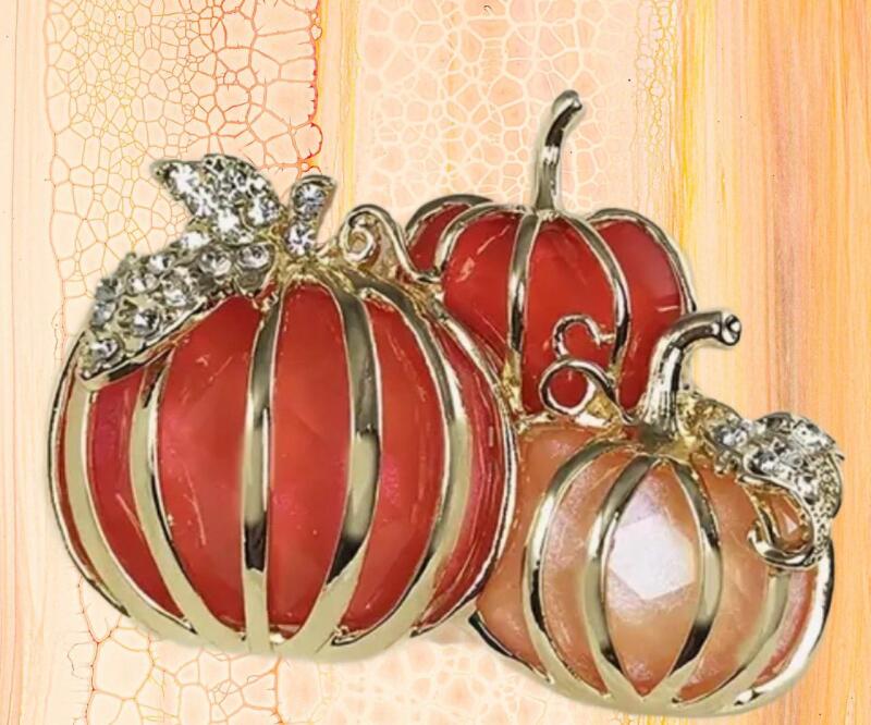 Vintage Inspired Beautiful Three Pumpkin Grouping Vibrant with Rhinestone Leaves approximately 1.75 x2.25&rsquo;&rsquo;