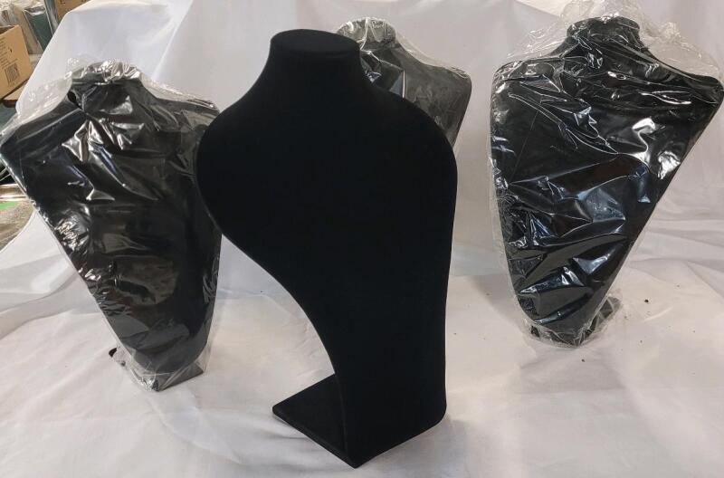 Four (4) New Black Velvet Necklace Jewelry Display Stands . Measures 14.5" & 16" tall<br/>