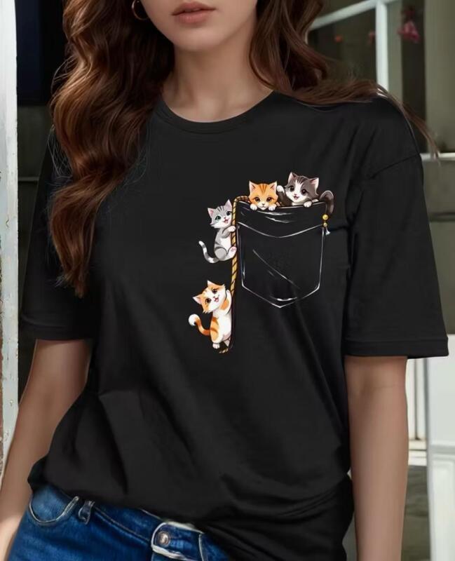 New Size M Pocket Cat Print Women&rsquo;s Short Sleeve Round Neck Pocket Cute Pocket Cat Pattern Sweat Absorbent, Breathable 92% Polyester 8% Elastane Machine Wash stock photos added