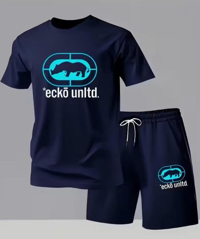 New 2pcs Men's Size Large Casual Sportswear Set / Lounge Wear Navy Blue T-Shirt with "Ecko Unltd." Graphic & Drawstring Shorts, Breathable Slight Stretch 100%Polyester Fabric Machine Wash Stock photos added