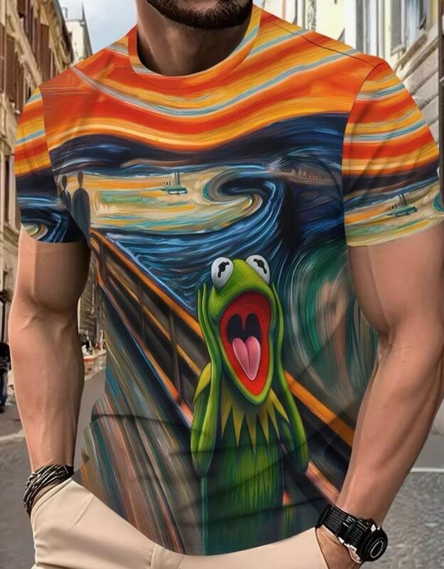 New Size Large Men's Vibrant Starry Night & Kermit the Frog Graphic T-Shirt Streetwear Casual Crew Neck Short Sleeve Tee with Swirling Cosmic Design 100% Polyester Stock photos added