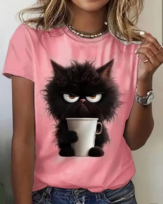 New Size Large Ladies Grumpy Cat with Morning Coffee Vibrant Pink Short Sleeve Crew Neck T-Shirt Machine Wash Polyester Adorable Stock photos added