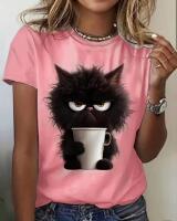 New Size Large Ladies Grumpy Cat with Morning Coffee Vibrant Pink Short Sleeve Crew Neck T-Shirt Machine Wash Polyester Adorable Stock photos added