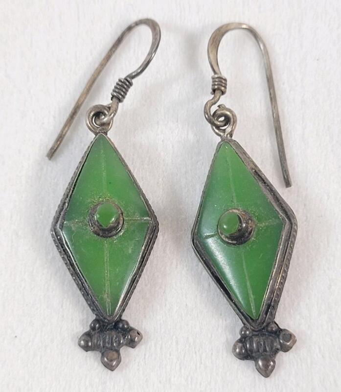 Vintage Sterling Silver Dangle Earrings w/Malachite Stones . See photos for size