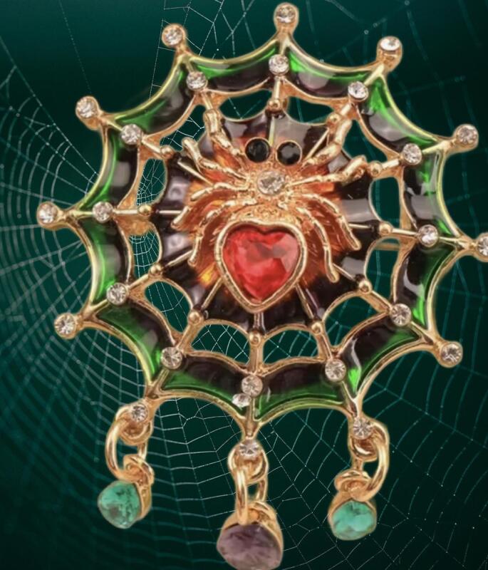 Gothic Victorian-Inspired Spider Brooch with Heart & Web Design Green & Red Adorned Statement Piece Enamel style with Rhinestones approximately 2&rsquo;&rsquo;