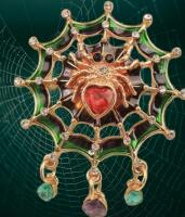 Gothic Victorian-Inspired Spider Brooch with Heart & Web Design Green & Red Adorned Statement Piece Enamel style with Rhinestones approximately 2&rsquo;&rsquo;