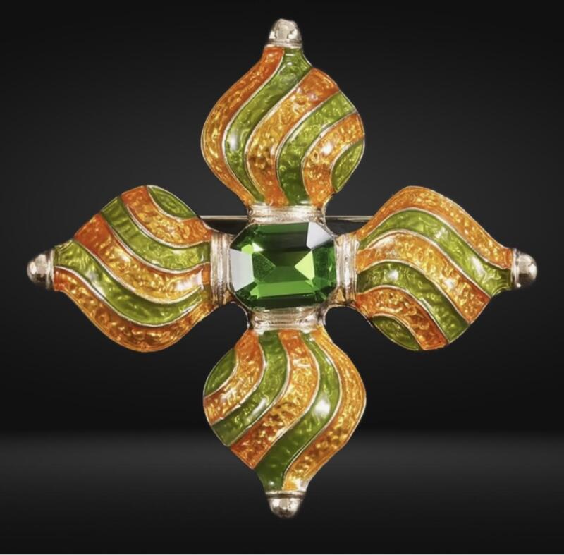 Vintage Inspired Tribal Style Brooch with Enamel Style Swirls Centre Faceted Green Stone Glass Mosaic Approximately 1.75&rsquo;&rsquo;